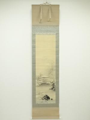 山下竹斎筆　雪中金閣寺　肉筆絹本掛軸（共箱）